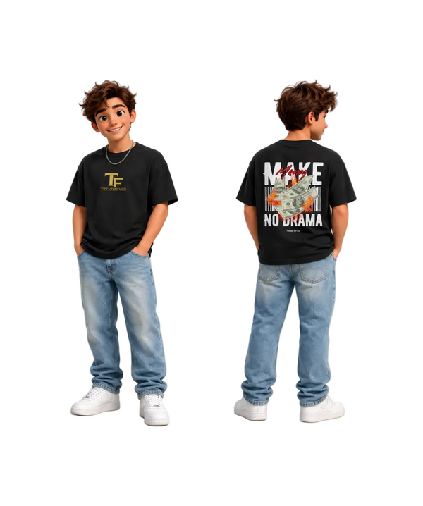 Two children wearing black t-shirts with different designs on a white background