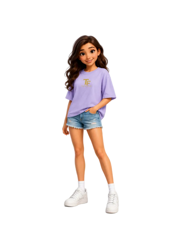 Young girl wearing a purple oversized t-shirt with a logo, denim shorts, and white sneakers on a white background