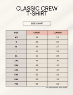TREND FEVER Size chart for classic crew t-shirts with chest and length measurements.