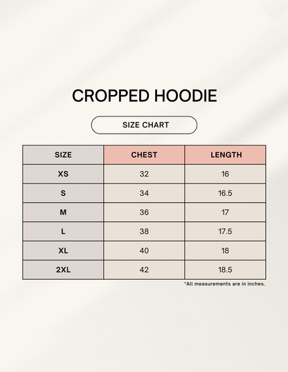 Cropped hoodie size chart with chest and length measurements for XS to 2XL.