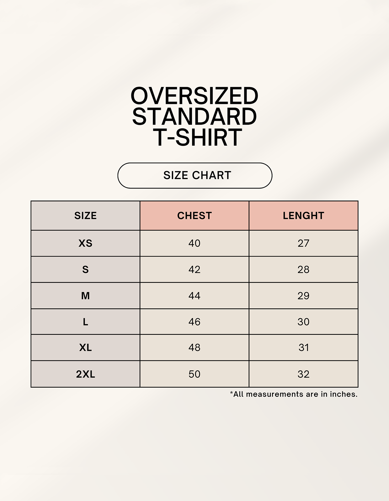 Oversized t-shirt size chart with chest and length measurements for XS to 2XL in inches.