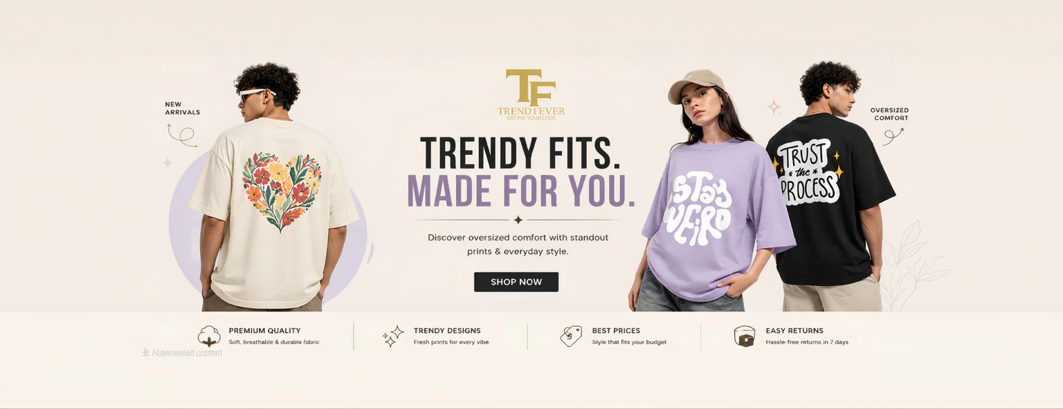 Promotional banner for Trendy Fitter with people wearing branded t-shirts and text about their products.