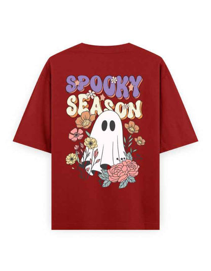 Oversized red t-shirt with ghost, flower graphics and 'Spooky Season' text on back