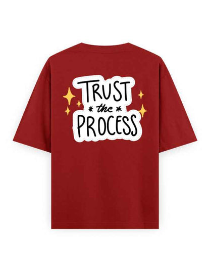 Oversized red t-shirt with 'Trust the Process' slogan and graphic design on the back
