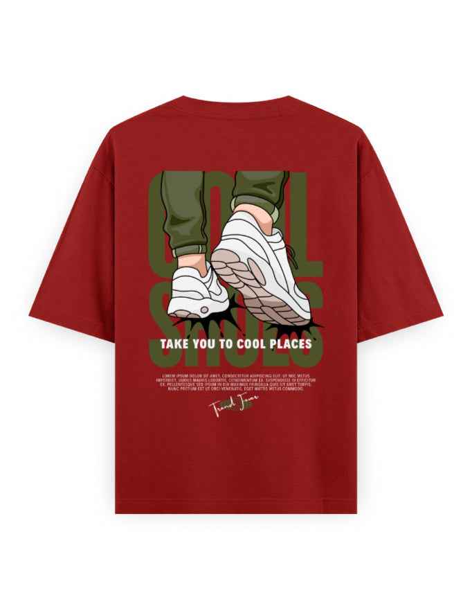 Oversized red streetwear t-shirt with graphic sneakers and 'Take You to Cool Places' text
