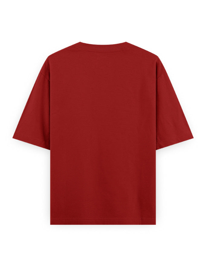 Back view of an oversized plain red t-shirt on a white background