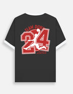 A black ringer Trend Fever t-shirt with white short sleeves and a white crew neck, featuring a large red and white graphic on the back with the text 'SLAM DUNK', a large number '24', and a basketball player silhouette.