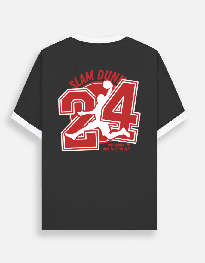 A black ringer Trend Fever t-shirt with white short sleeves and a white crew neck, featuring a large red and white graphic on the back with the text 'SLAM DUNK', a large number '24', and a basketball player silhouette.