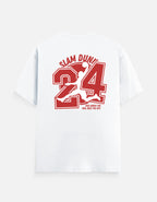 TREND FEVER White short-sleeve t-shirt showing the back with a large red graphic print that reads 'SLAM DUNGE 24' with a silhouette of a basketball player jumping inside the number 2.