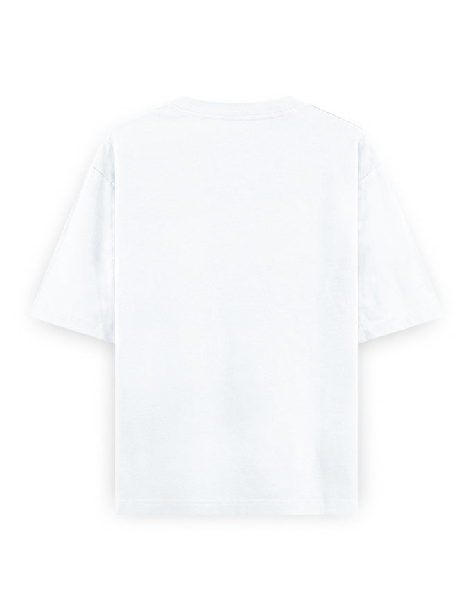 Back view of plain oversized white t-shirt, short sleeves, minimal streetwear style