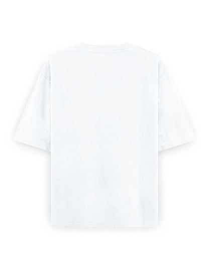 Back view of plain oversized white t-shirt, short sleeves, minimal streetwear style