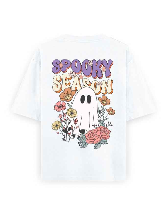 Oversized white t-shirt with Spooky Season ghost and floral graphic on back, streetwear style