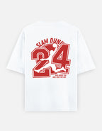 White short-sleeve t-shirt with a large red 'Slam Dunk 24' graphic on the back, featuring a silhouette of Michael Jordan and the text 'ALL ABOVE THE RAIN, BARE THE DAY.'.