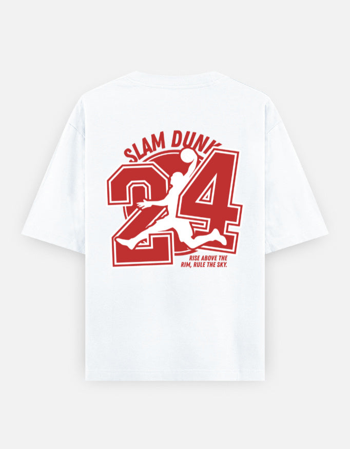 White short-sleeve t-shirt with a large red 'Slam Dunk 24' graphic on the back, featuring a silhouette of Michael Jordan and the text 'ALL ABOVE THE RAIN, BARE THE DAY.'.