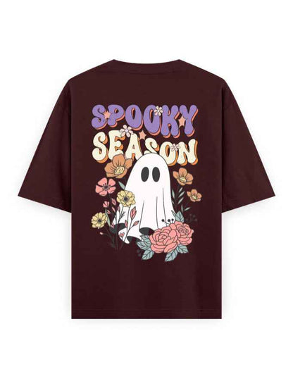 Oversized maroon t-shirt with 'Spooky Season' ghost and floral graphic on back