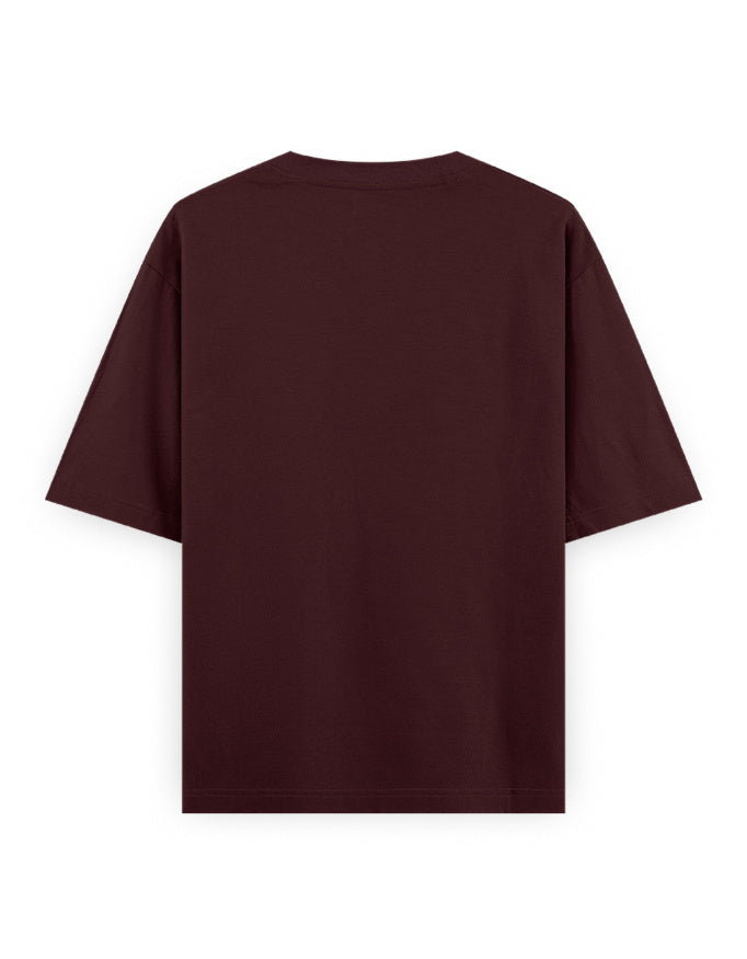 Back view of maroon oversized streetwear T-shirt on white background
