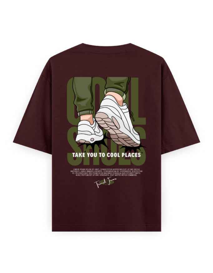 Oversized maroon streetwear t-shirt with graphic of sneakers and 'Take You to Cool Places' text