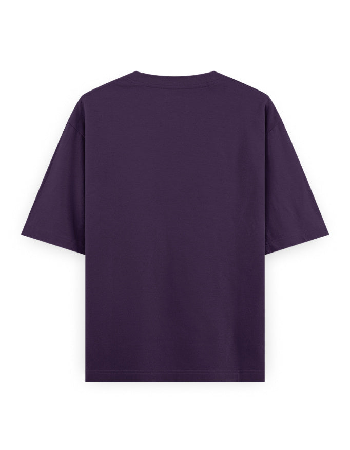 Back view of plain oversized purple t-shirt, short sleeves, streetwear fashion style