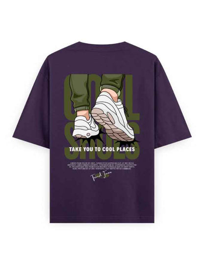 Oversized purple streetwear t-shirt with graphic sneakers and 'Take You to Cool Places' text on back