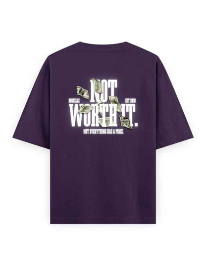 Oversized purple streetwear t-shirt with 'Not Worth It' and dollar bill graphic on back