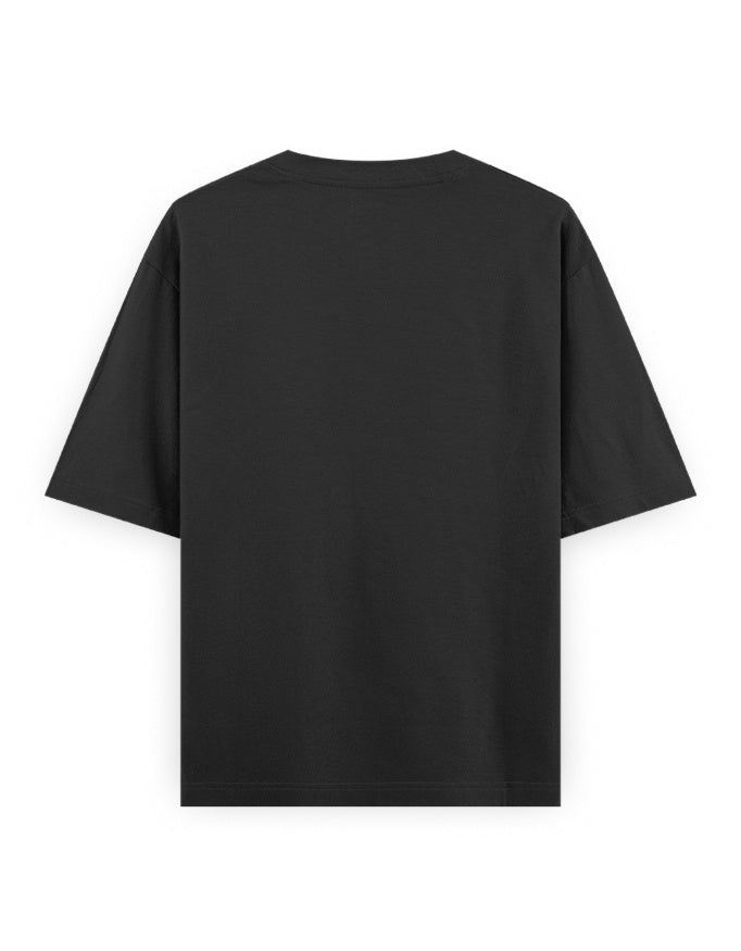 Back view of plain black oversized streetwear t-shirt with short sleeves
