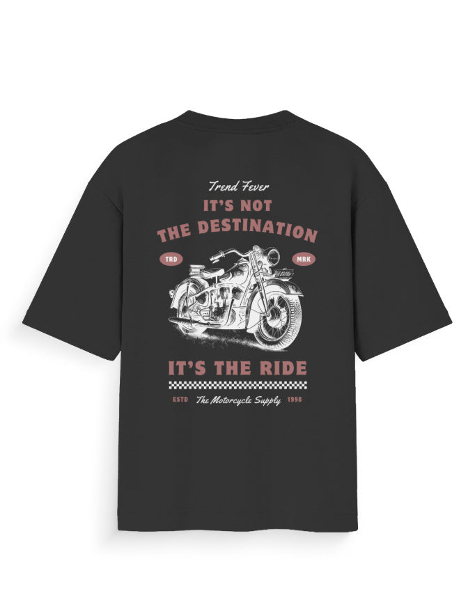 Oversized black streetwear t-shirt with vintage motorcycle graphic and bold text on back