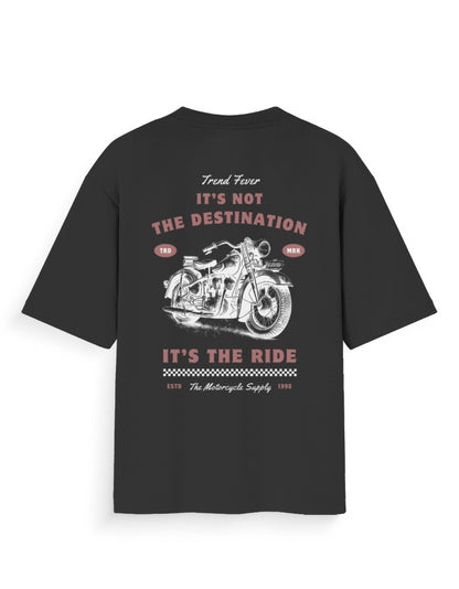 Oversized black streetwear t-shirt with vintage motorcycle graphic and bold text on back