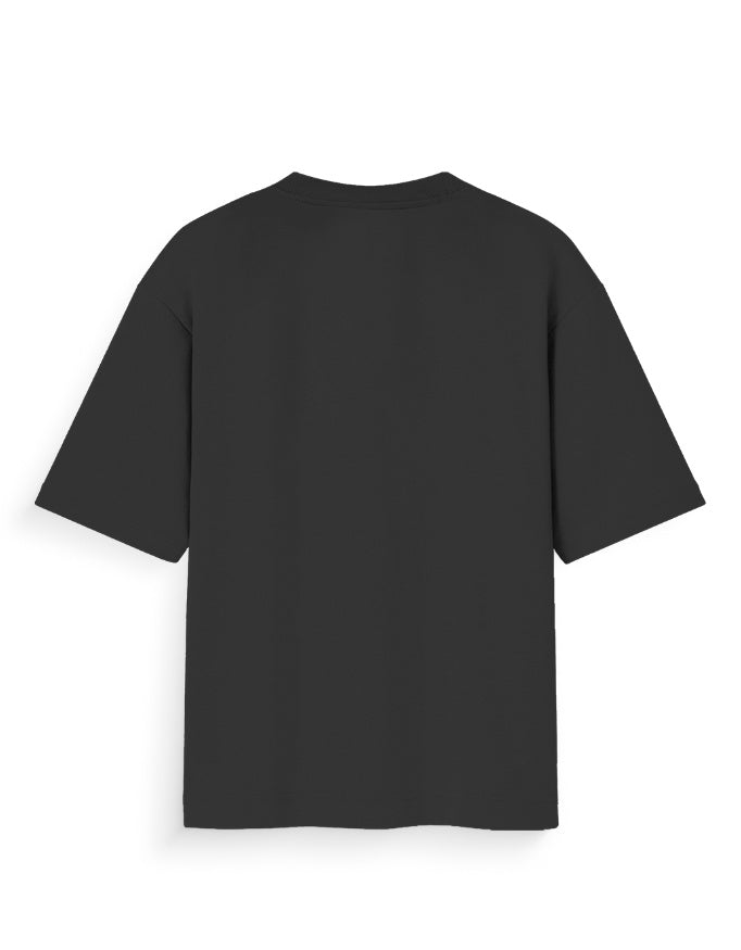 Back view of plain black oversized t-shirt, short sleeves, streetwear fashion