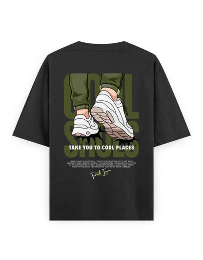Oversized black streetwear t-shirt with graphic of sneakers and bold 'Take You To Cool Places' text