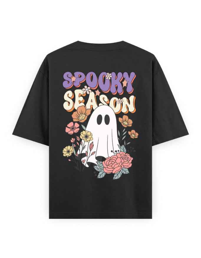 Black oversized t-shirt with 'Spooky Season' text, cartoon ghost, and colorful flowers graphic