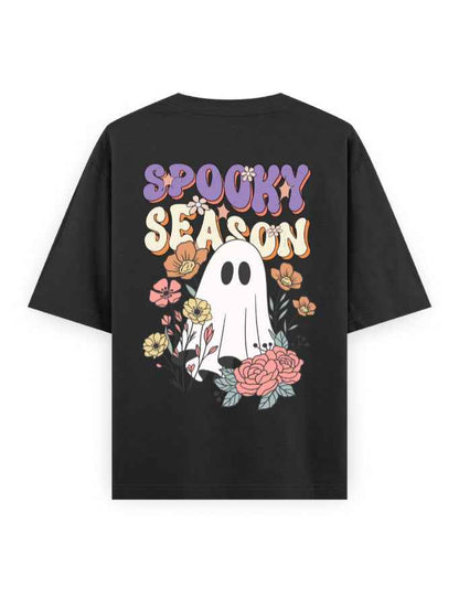 Black oversized t-shirt with 'Spooky Season' text, cartoon ghost, and colorful flowers graphic
