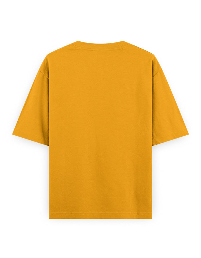 Back view of plain mustard yellow oversized t-shirt on white background