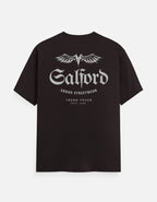 Maroon t-shirt with white text on a white background