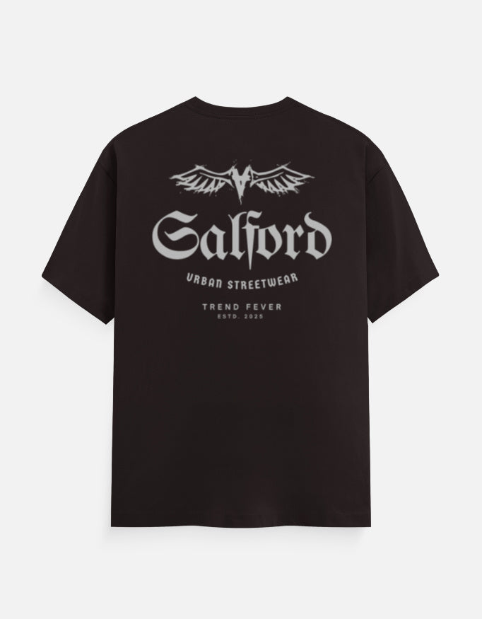 Maroon t-shirt with white text on a white background