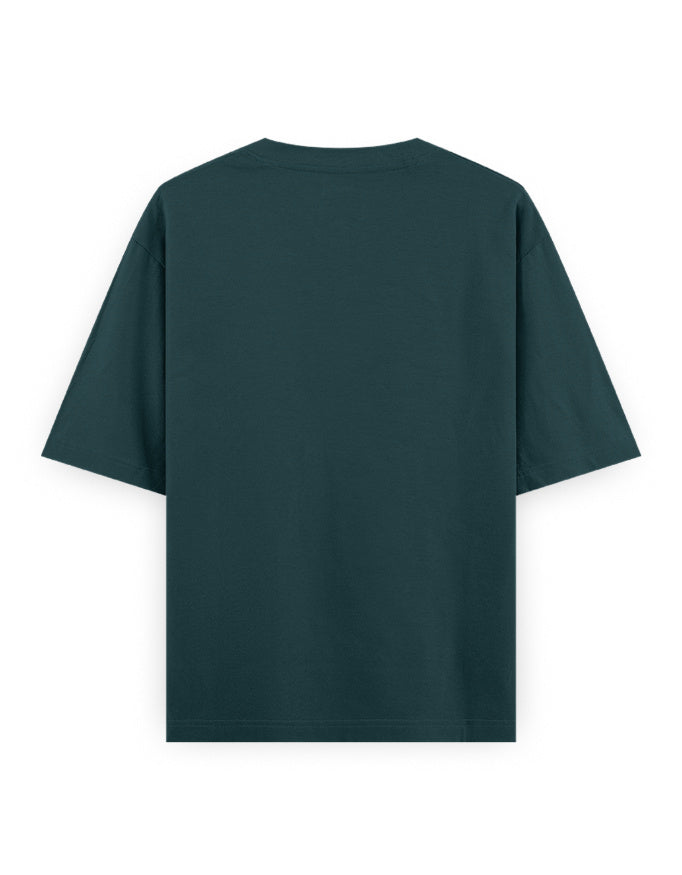 Back view of oversized dark green streetwear t-shirt with short sleeves