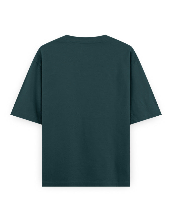 Back view of oversized dark green streetwear t-shirt with short sleeves