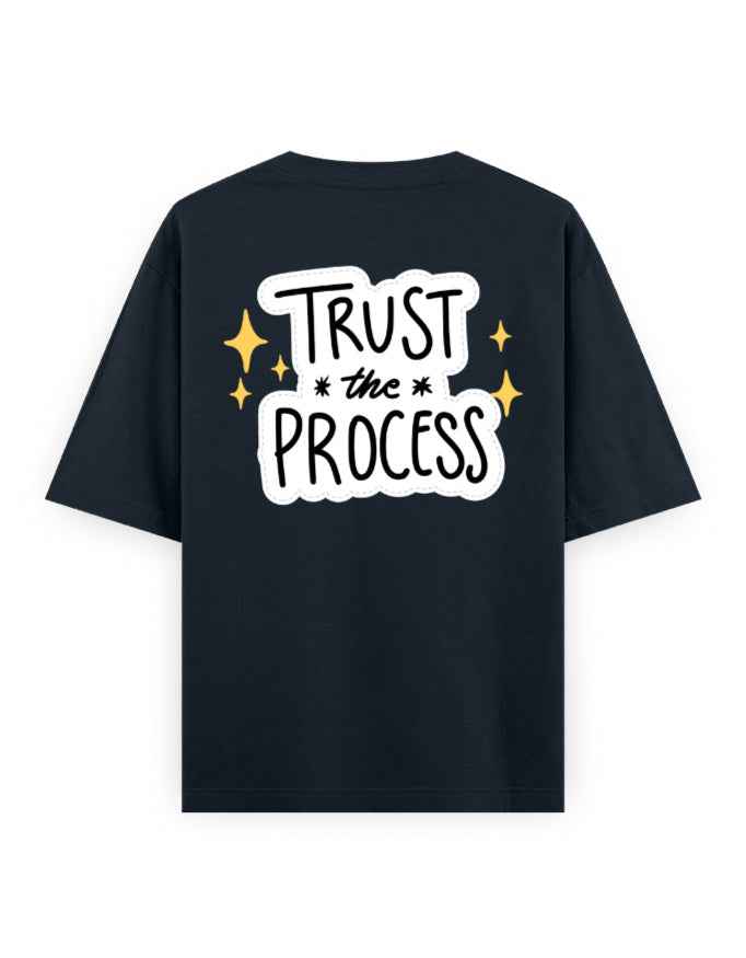 Black oversized streetwear t-shirt with 'Trust the Process' graphic on back