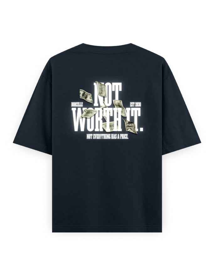 Black oversized streetwear t-shirt with 'Not Worth It' money graphic and bold text on back