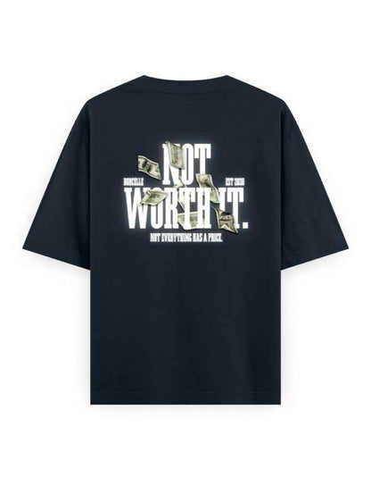 Black oversized streetwear t-shirt with 'Not Worth It' money graphic and bold text on back