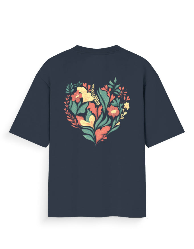 Oversized navy t-shirt with colorful heart-shaped floral graphic on the back