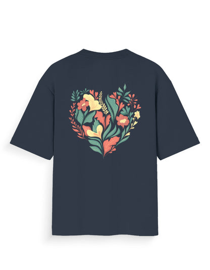 Oversized navy t-shirt with colorful heart-shaped floral graphic on the back