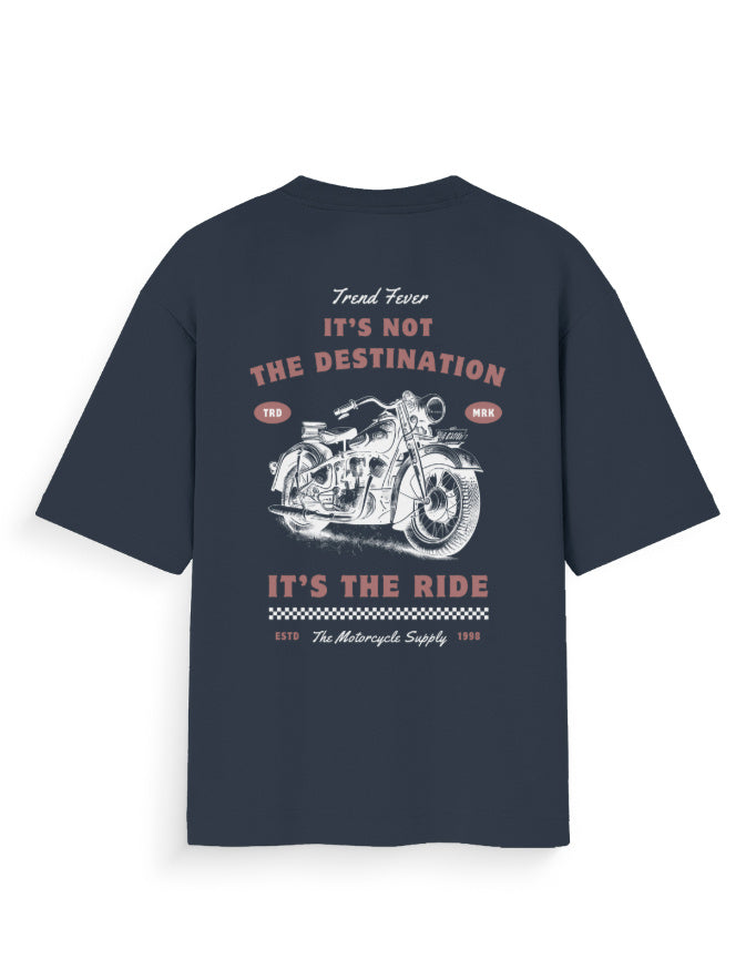 Navy oversized t-shirt with vintage motorcycle graphic and 'It's not the destination, it's the ride' text.
