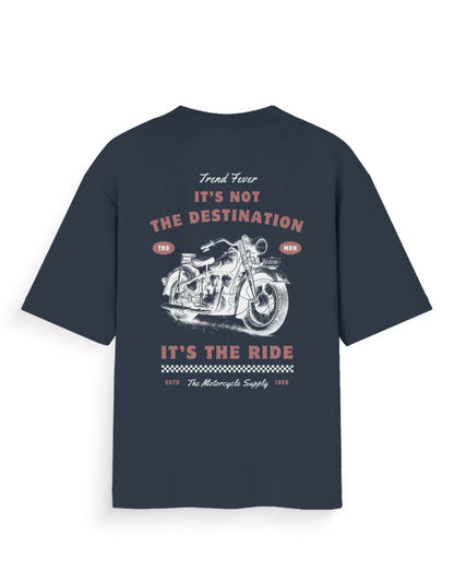 Navy oversized t-shirt with vintage motorcycle graphic and 'It's not the destination, it's the ride' text.