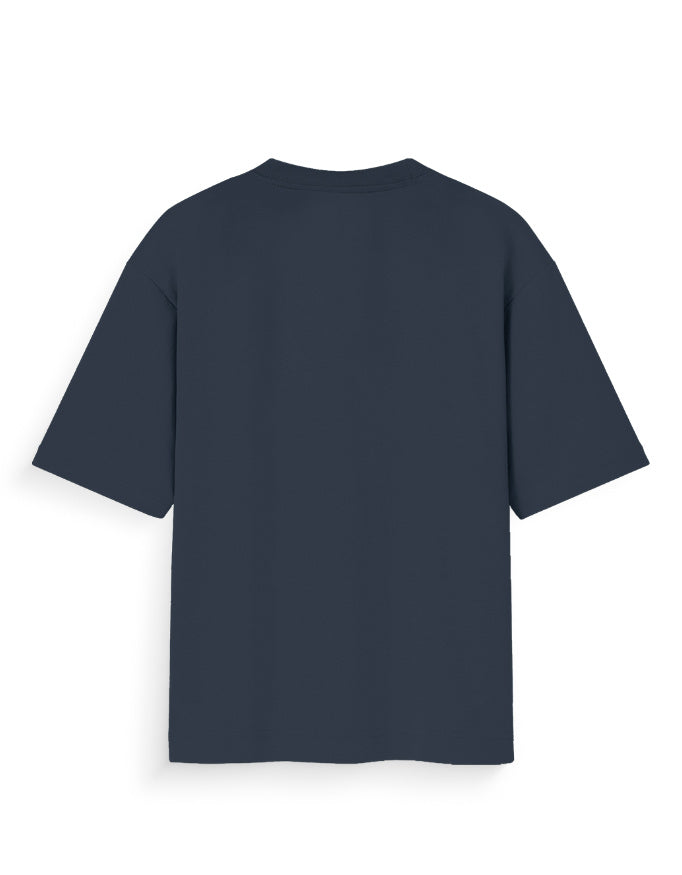 Back view of plain navy blue oversized t-shirt with short sleeves on white background
