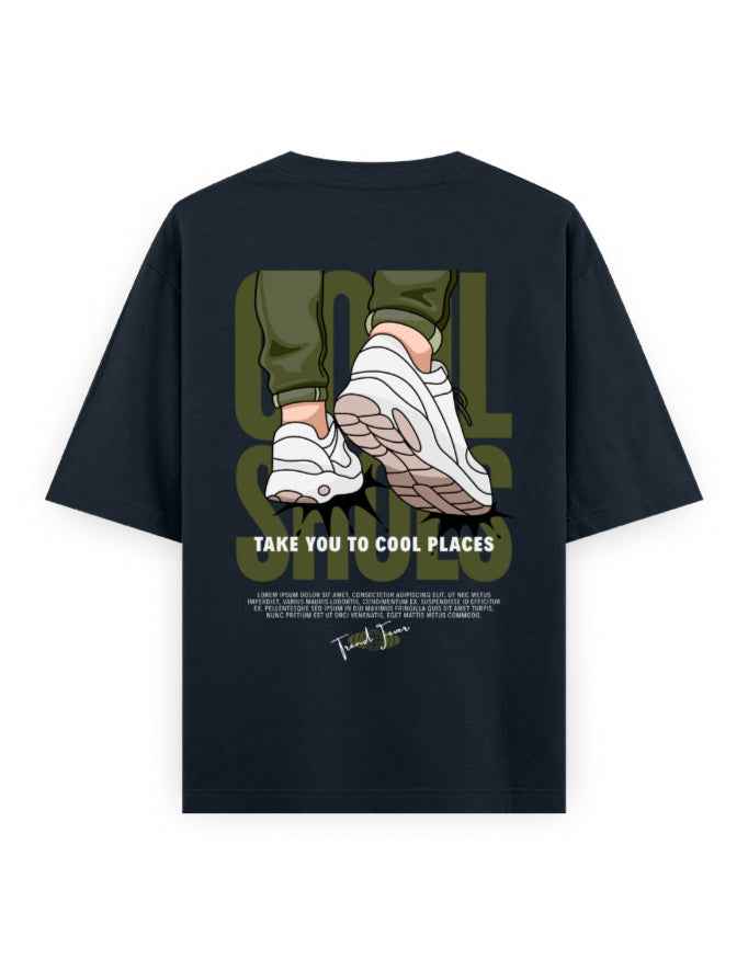 Black oversized streetwear t-shirt with graphic sneakers and 'Take You to Cool Places' text on back