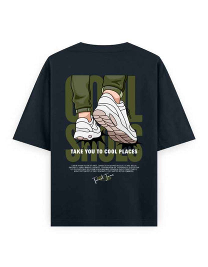 Black oversized streetwear t-shirt with graphic sneakers and 'Take You to Cool Places' text on back