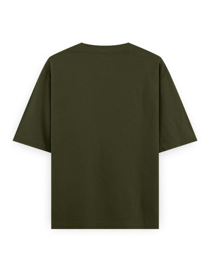 Back view of plain olive green oversized t-shirt with short sleeves