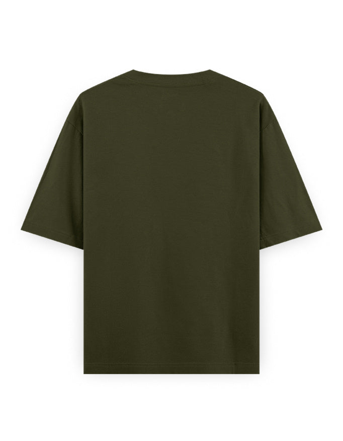 Back view of plain olive green oversized streetwear t-shirt with short sleeves
