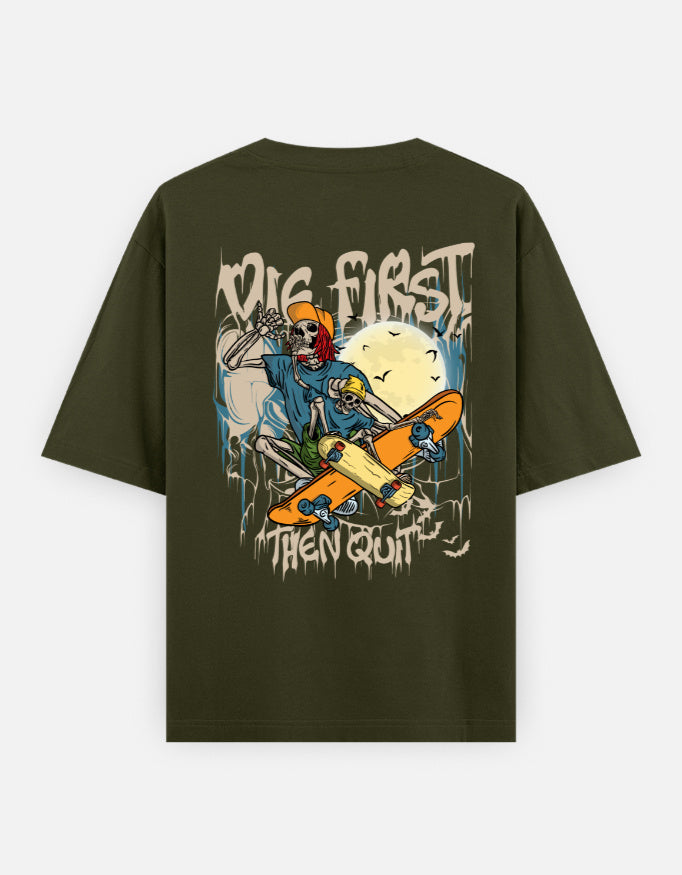 Trend Fever DIE FIRST THEN QUIT oversized Olive graphic T-shirt in premium 240 GSM cotton
