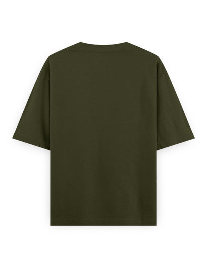 Back view of plain olive green oversized t-shirt with short sleeves